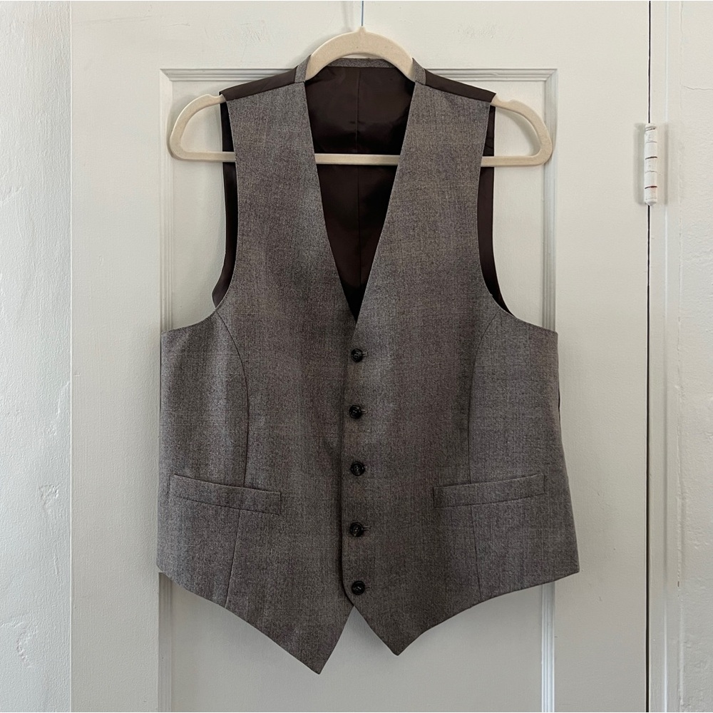 Vintage men's glen check suit vest grey brown button front adjustable